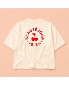 Cremefarbenes Baumwoll-T-Shirt Boxy Ibiza mit Kreisen
