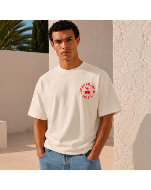 Cremefarbenes Baumwoll-T-Shirt Boxy Ibiza mit Kreisen