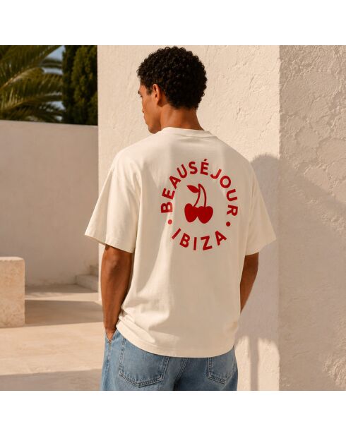 Cremefarbenes Baumwoll-T-Shirt Boxy Ibiza mit Kreisen
