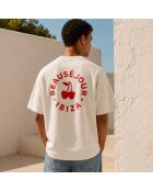 Cremefarbenes Baumwoll-T-Shirt Boxy Ibiza mit Kreisen