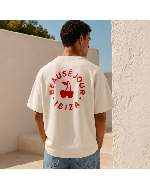 Cremefarbenes Baumwoll-T-Shirt Boxy Ibiza mit Kreisen