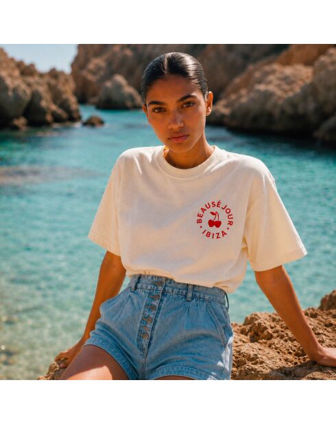 Cremefarbenes Baumwoll-T-Shirt Boxy Ibiza