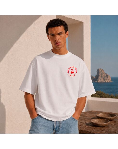 Boxy Ibiza wit T-shirt van katoen met ronde vorm