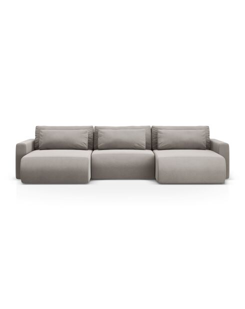 Canapé panoramique convertible avec coffre de rangement velours Belfast 4 places gris chaud - 340x149x84 cm