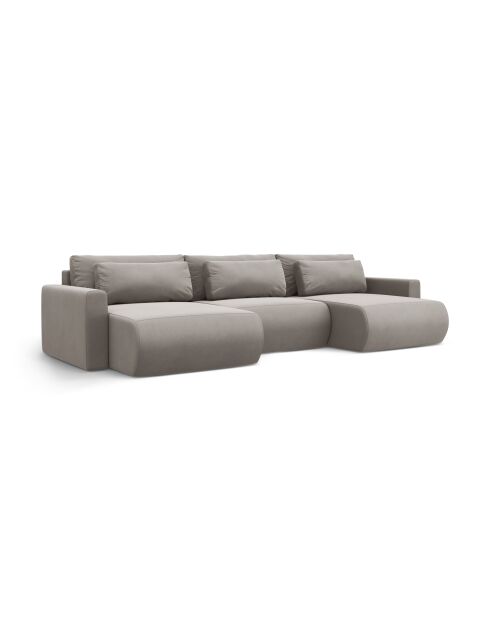Canapé panoramique convertible avec coffre de rangement velours Belfast 4 places gris chaud - 340x149x84 cm