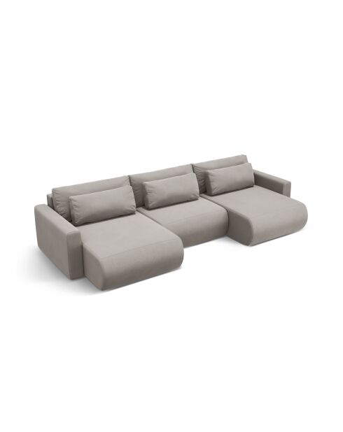 Canapé panoramique convertible avec coffre de rangement velours Belfast 4 places gris chaud - 340x149x84 cm