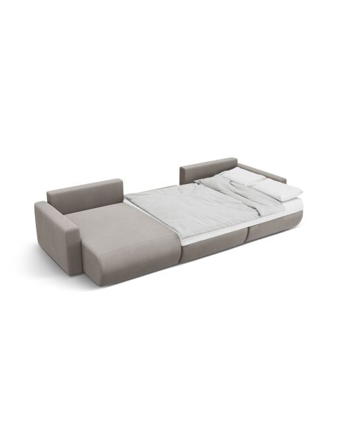 Canapé panoramique convertible avec coffre de rangement velours Belfast 4 places gris chaud - 340x149x84 cm