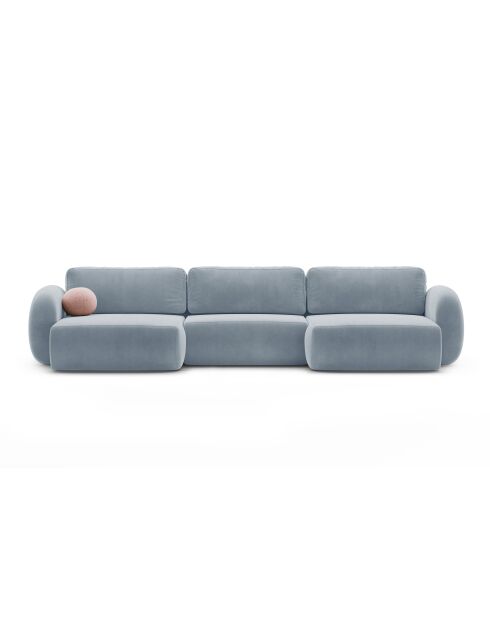 Canapé panoramique convertible avec coffre de rangement velours Tonale 5 places bleu gris - 362x149x88 cm