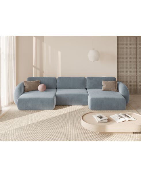 Canapé panoramique convertible avec coffre de rangement velours Tonale 5 places bleu gris - 362x149x88 cm