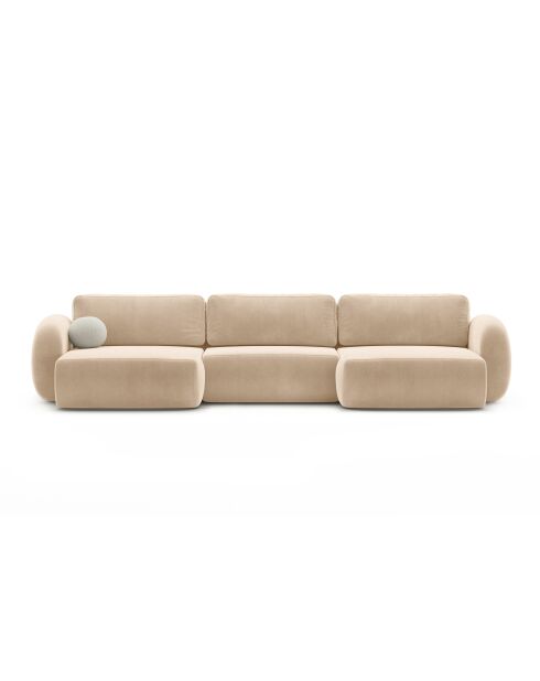 Canapé panoramique convertible avec coffre de rangement velours Tonale 5 places amande beige - 362x149x88 cm