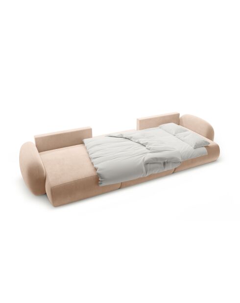 Canapé panoramique convertible avec coffre de rangement velours Tonale 5 places amande beige - 362x149x88 cm