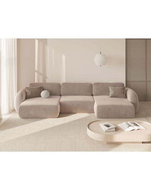 Canapé panoramique convertible avec coffre de rangement velours Tonale 5 places amande beige - 362x149x88 cm