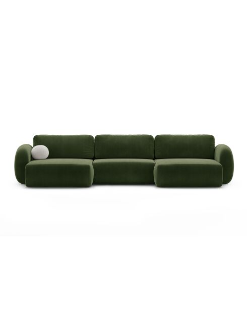 Canapé panoramique convertible avec coffre de rangement velours Tonale 5 places vert de l'armée - 362x149x88 cm