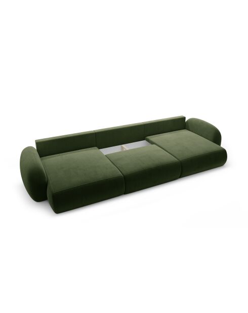 Canapé panoramique convertible avec coffre de rangement velours Tonale 5 places vert de l'armée - 362x149x88 cm