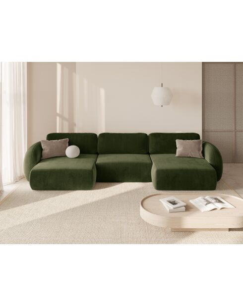 Canapé panoramique convertible avec coffre de rangement velours Tonale 5 places vert de l'armée - 362x149x88 cm