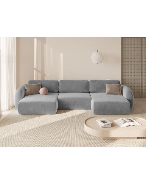 Canapé panoramique convertible avec coffre de rangement velours Tonale 5 places gris - 362x149x88 cm