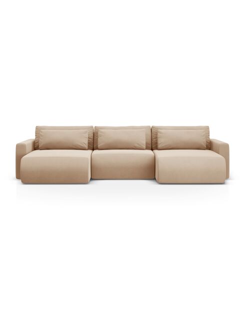 Canapé panoramique convertible avec coffre de rangement velours Belfast 4 places amande beige - 340x149x84 cm