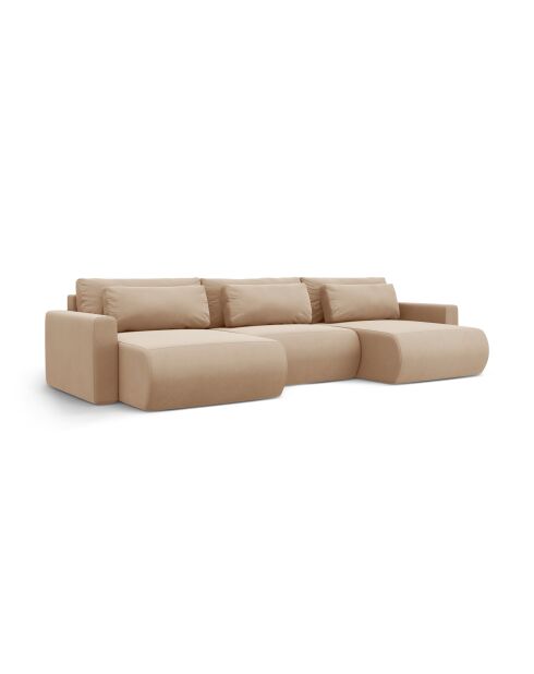 Canapé panoramique convertible avec coffre de rangement velours Belfast 4 places amande beige - 340x149x84 cm