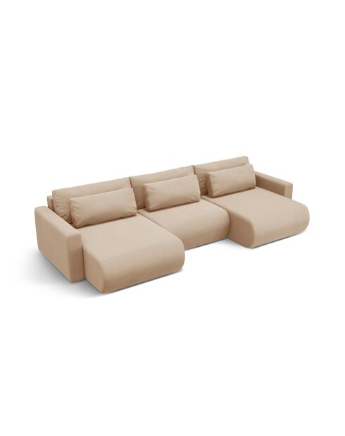 Canapé panoramique convertible avec coffre de rangement velours Belfast 4 places amande beige - 340x149x84 cm