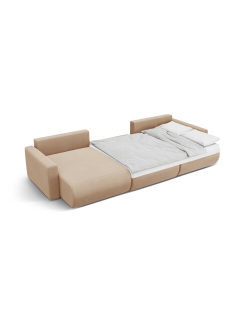 Canapé panoramique convertible avec coffre de rangement velours Belfast 4 places amande beige - 340x149x84 cm