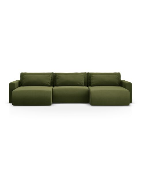 Canapé panoramique convertible avec coffre de rangement velours Belfast 4 places vert de l'armée - 340x149x84 cm