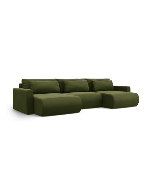 Canapé panoramique convertible avec coffre de rangement velours Belfast 4 places vert de l'armée - 340x149x84 cm