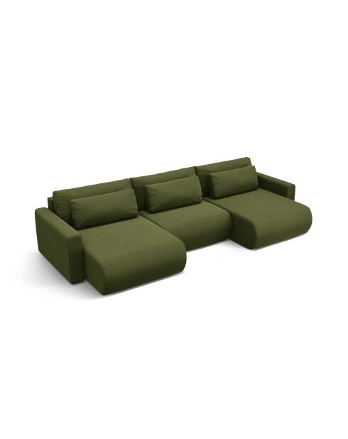 Canapé panoramique convertible avec coffre de rangement velours Belfast 4 places vert de l'armée - 340x149x84 cm