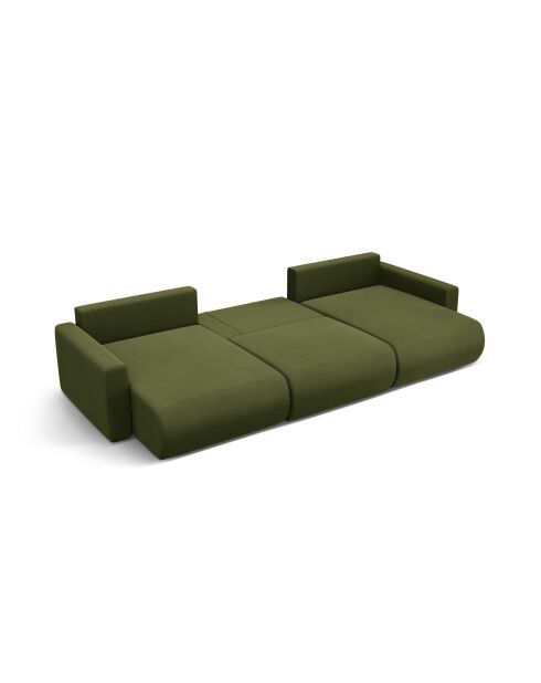 Canapé panoramique convertible avec coffre de rangement velours Belfast 4 places vert de l'armée - 340x149x84 cm