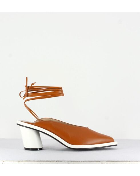 Mules à brides chevilles en cuir Clean pumps cognac - Talon 6 cm