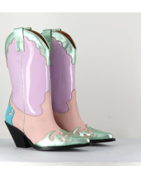 Boots Santiags tige haute en cuir Malva mauves - Talon 7,5cm