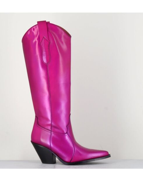Bottes Santiags tige haute en cuir Fuxia fuchsia - Talon 7,5 cm