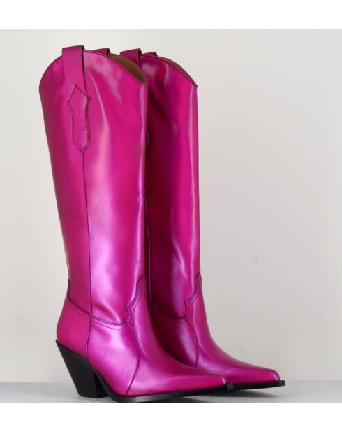 Bottes Santiags tige haute en cuir Fuxia fuchsia - Talon 7,5 cm