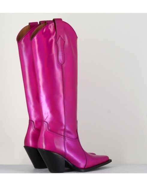 Bottes Santiags tige haute en cuir Fuxia fuchsia - Talon 7,5 cm