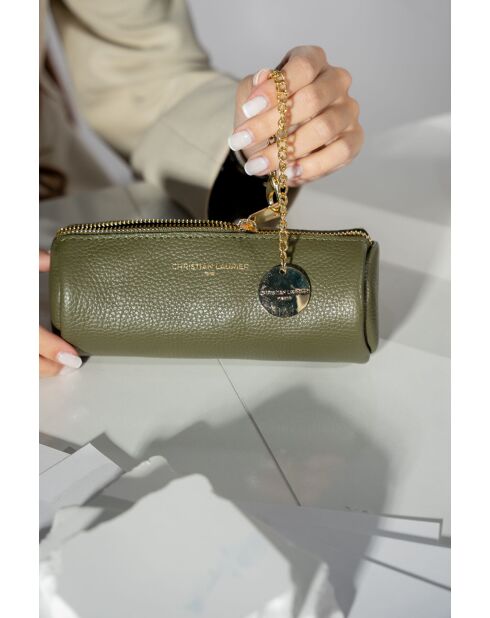 Pochette en cuir Lanae vert olive - 20x10x3 cm