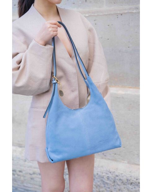 Himmelblaue Sierra Schultertasche aus Leder - 37x22x14 cm
