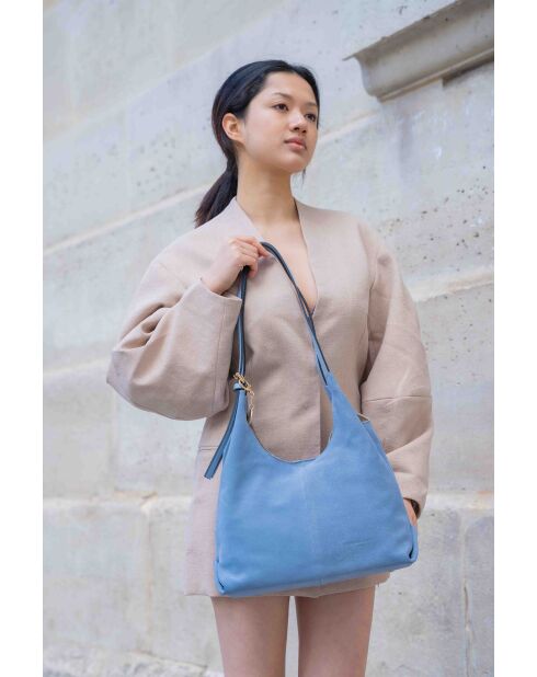 Himmelblaue Sierra Schultertasche aus Leder - 37x22x14 cm