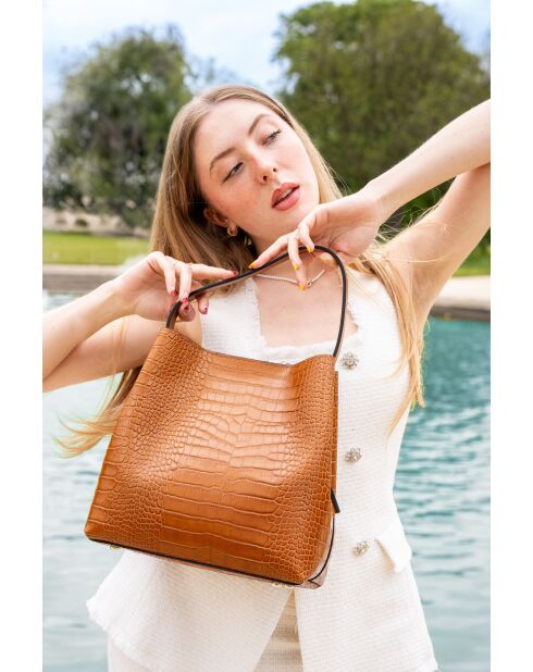 Lola Crocos Schultertasche aus kamelfarbenem Leder - 27x28x14 cm