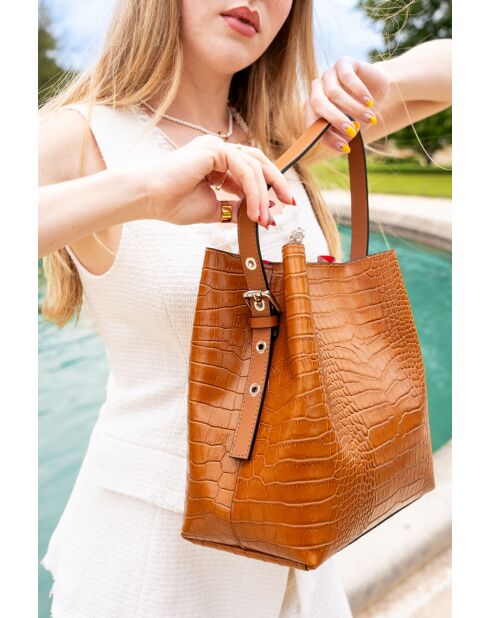 Lola Crocos Schultertasche aus kamelfarbenem Leder - 27x28x14 cm