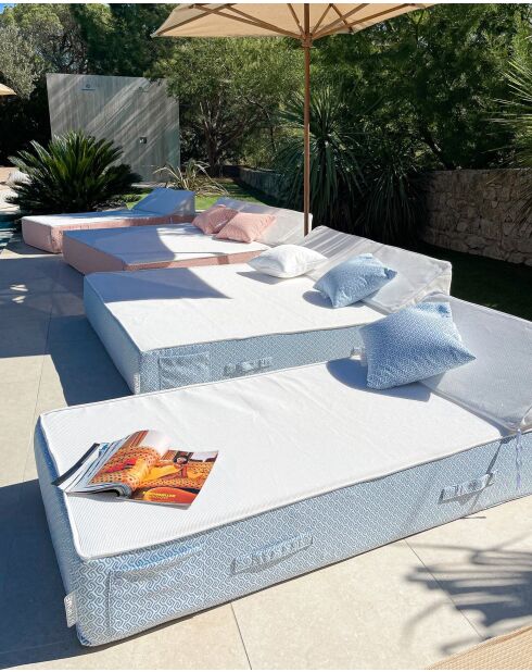 Lit bain de soleil 1 place en mousse - Blanc avec motifs bleus - 80x180x26cm
