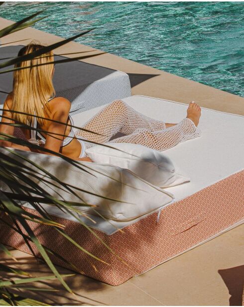 Lit bain de soleil 2 places en mousse - Blanc avec motifs oranges - 160x180x26cm