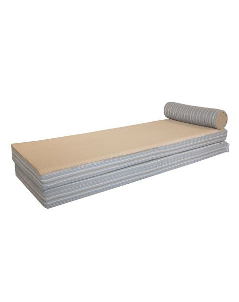 Matelas réversible double ou simple - Recto tissu rayé Bayadère & verso beige raphia - 200x75x13 cm + têtière diam 20cm