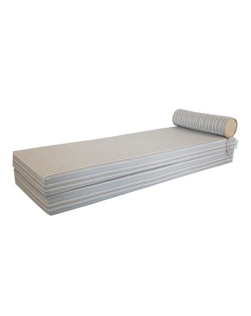 Matelas réversible double ou simple - Recto tissu rayé Bayadère & verso beige raphia - 200x75x13 cm + têtière diam 20cm
