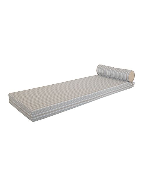 Matelas réversible double ou simple - Recto tissu rayé Bayadère & verso beige raphia - 200x75x13 cm + têtière diam 20cm