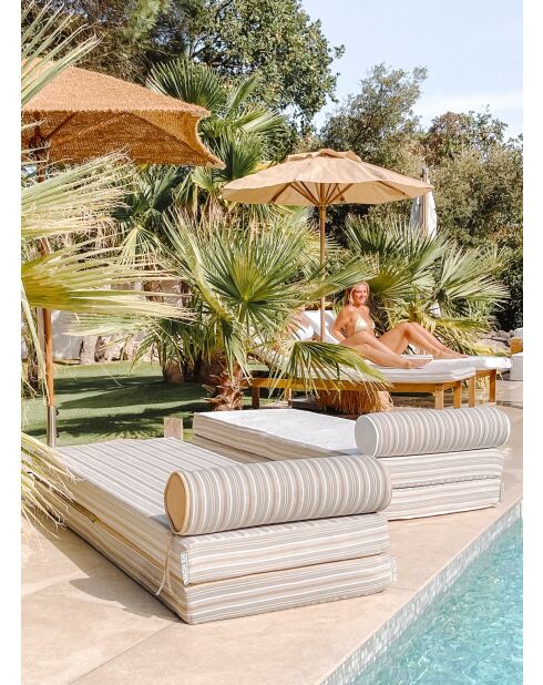 Matelas réversible double ou simple - Recto tissu rayé Bayadère & verso beige raphia - 200x75x13 cm + têtière diam 20cm