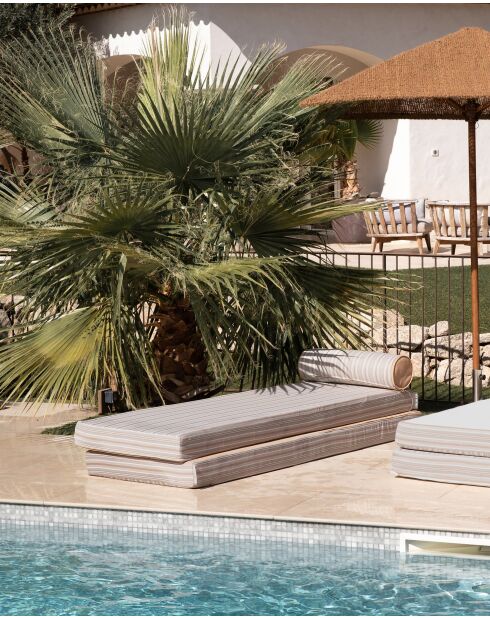 Matelas réversible double ou simple - Recto tissu rayé Bayadère & verso beige raphia - 200x75x13 cm + têtière diam 20cm