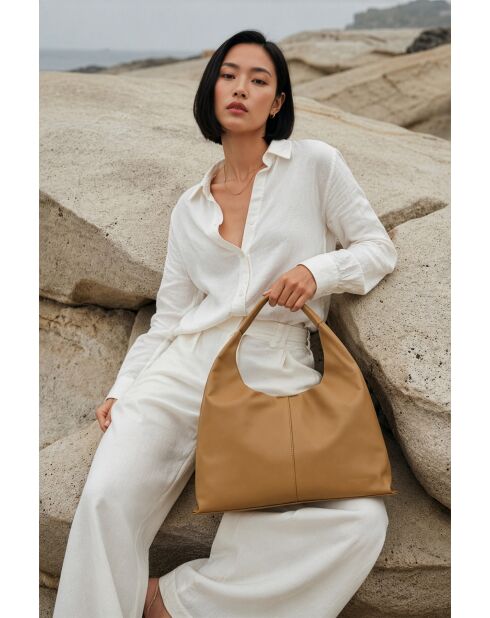 Sac porte épaule en cuir Azia taupe - 42x43x14cm