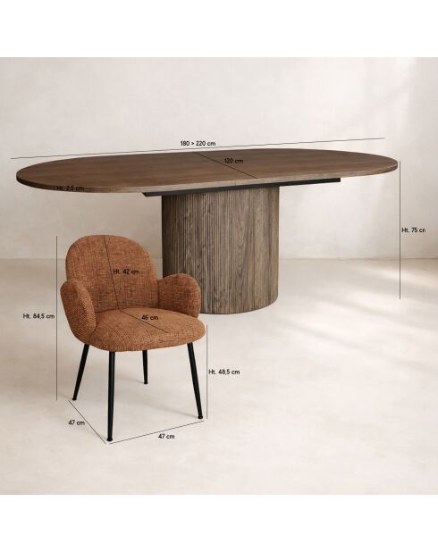 Ensemble table extensible  fauteuils Ginette terracotta - D. 180/220cm
