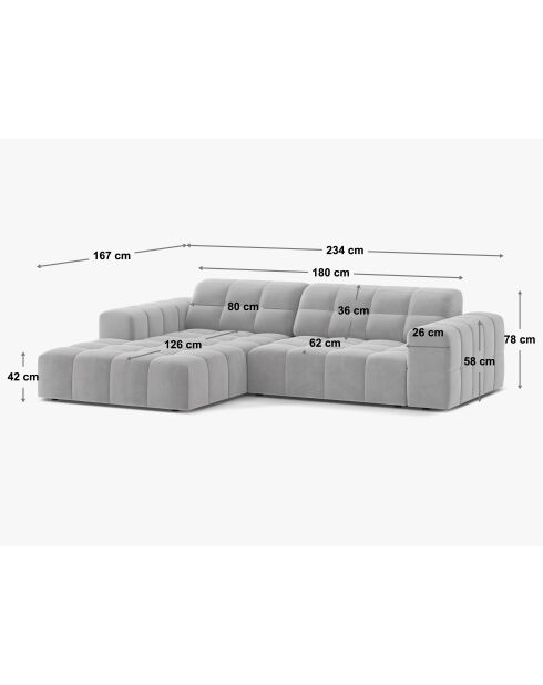 Chicago 3-Sitzer-Ecksofa aus Samt rechts hellgrau - 234x167x78 cm