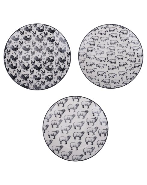 Lot de 6 services à dessert Farm 3 motifs assortis noir/blanc - 2,4x19 cm