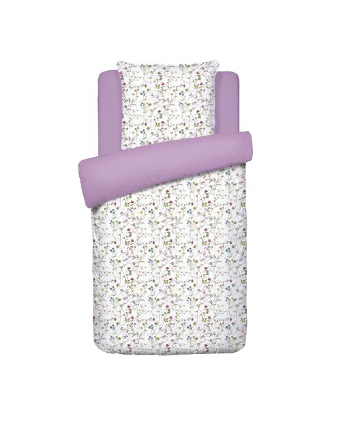 Housse de couette + taie d'oreiller en satin de coton Fleurs sauvages blanc/violet - 140x200 cm